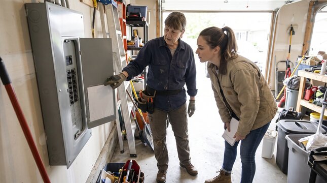Electrician mentors an apprentice beside a home electrical panel