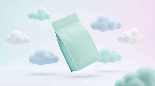 Pastel green zipper bag floating among cute 3D soft white clouds
