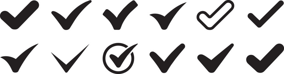 Set of black check mark vector icons isolated on transparent surface collection including various shapes of ticks and symbols for task complete verification web interface design elements. © Somina