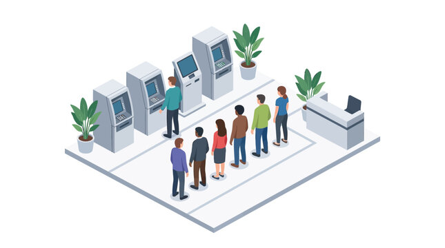 Isometric illustration of people in queue for bank ATM machines