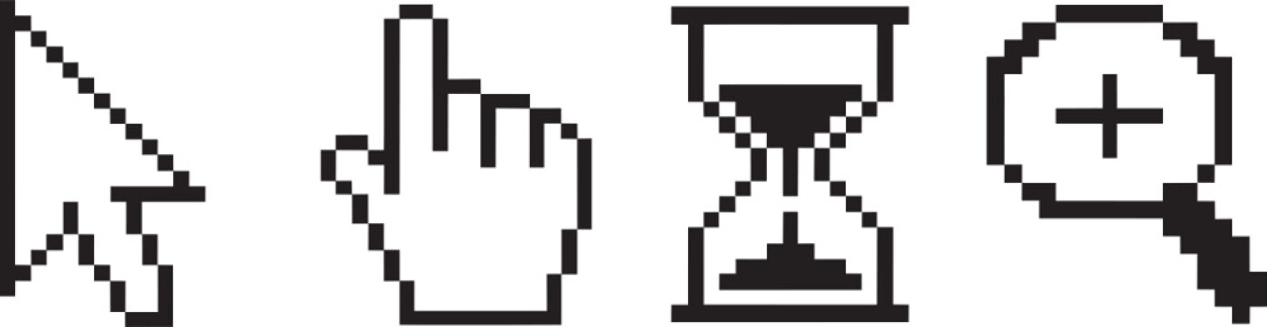 Standard computer cursor pointers hand grabber hourglass loading and zoom magnification icons in pixelated style for user interface control vector asset collection set.