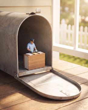 Tiny postal worker sorting mail inside open metal mailbox on porch