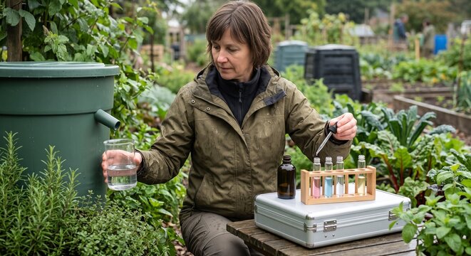 Rainwater Harvest Sampling Beside Garden Barrel And Color Vials