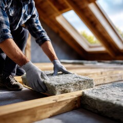 Worker installing insulating material in the wooden framework of an attic space under natural daylight coming through skylights for home energy efficiency improvemen © Daria