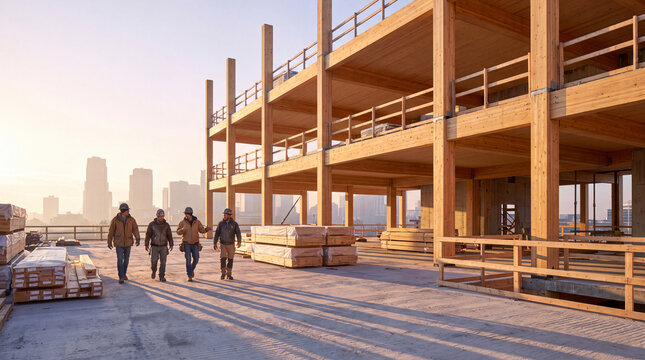 Mass Timber Assembly Crew at Dawn on Sustainable Civic Construction Site