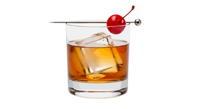 Vector illustration of old fashioned cocktail with a single large ice cube and maraschino cherry on a transparent background