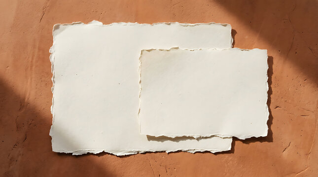 Two sheets of textured handmade paper with deckled edges layered on a terracotta surface with dappled sunlight, natural texture, craft background