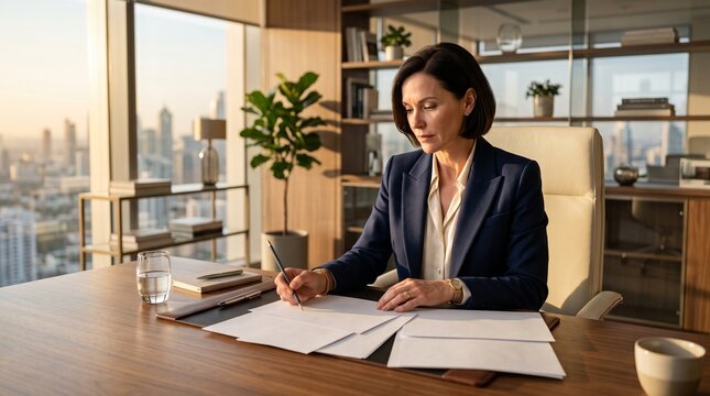 Female executive analyzing printed charts on a modern desk in a stylish office setting, with "golden hour" sunlight streaming through the windows.