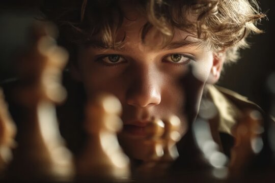 Focused young boy with curly hair intensely studying a strategic chessboard as he plans his next calculated move in a dimly lit setting with dramatic shadows