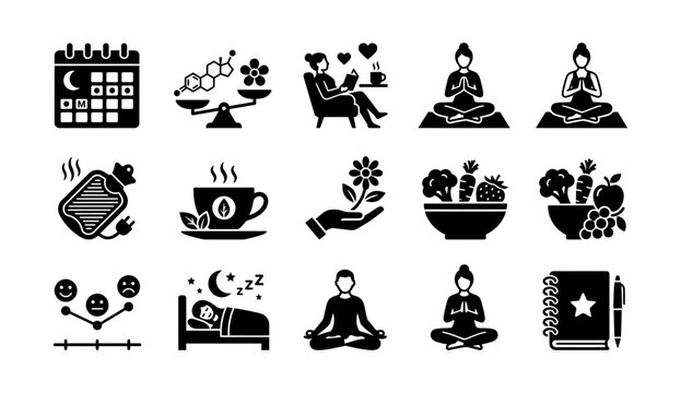 Hormone balance and womens wellness icons featuring healthy diet yoga sleep and mood tracking set.