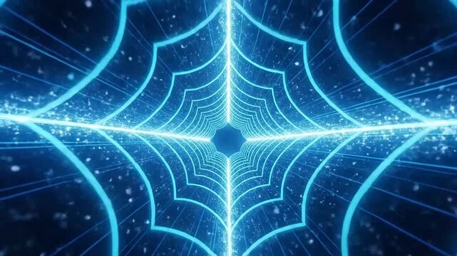 A glowing blue digital tunnel with geometric patterns and floating particles