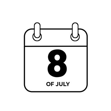 July 8th daily calendar icon. White date planner symbol isolated on transparent background. Flat vector illustration for summer event reminder, schedule agenda, and appointment design.