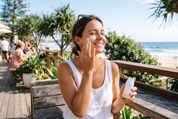 Fototapeta premium Smiling woman applies sunscreen on her face outdoors at the beach