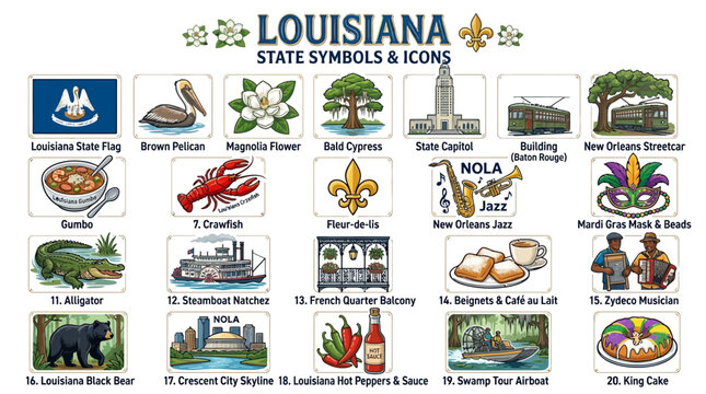 Louisiana state symbols icon sheet set on white background including cultural heritage landmarks food and wildlife icons