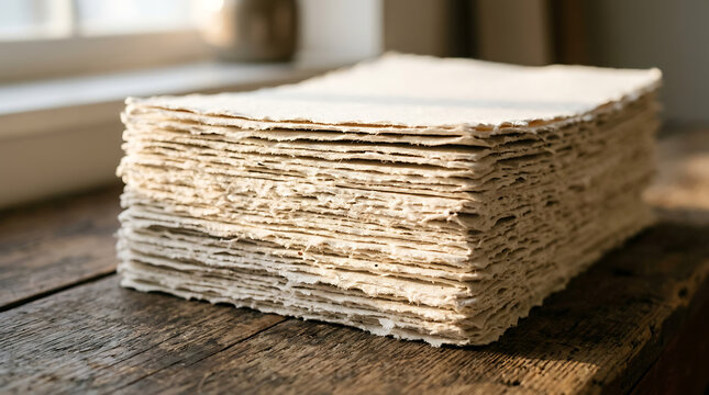 Stack of handmade textured paper sheets with deckled edges, backlit by natural window light on a rustic wooden surface