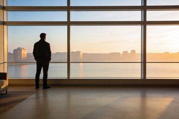 Fototapeta premium Man in suit looking out window at sunrise over city skyline