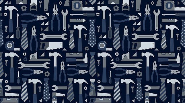 Hand tools and neckties seamless pattern on a dark background