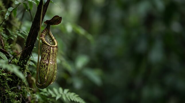 Exotic carnivorous pitcher plant hanging in a foggy tropical forest