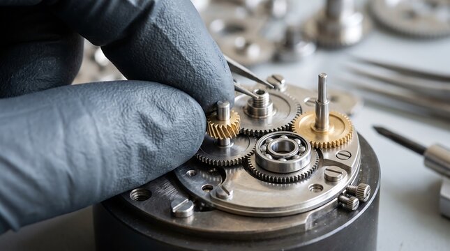 A close-up of a person's gloved hand using tweezers to adjust intricate gears within a mechanical device, highlighting precision engineering.
