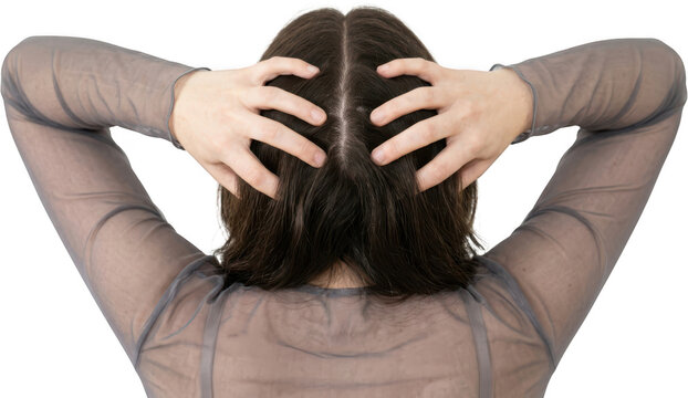 Overhead view of a person's hands gently massaging their scalp through dark brown hair wearing a sheer gray long sleeved top scalp massage hair care self care relaxation stress relief