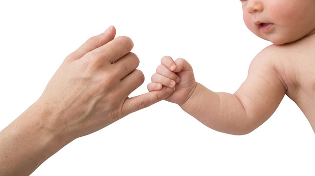 An adult's finger and a baby's finger are interlocked in a pinky promise gesture symbolizing trust and connection The close up reveals the delicate hands of a young child and an older person