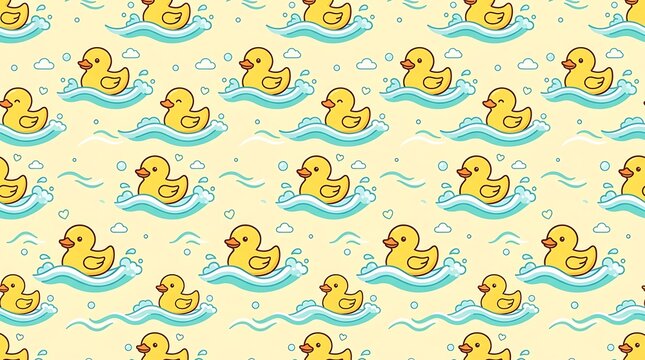 Cute yellow rubber ducks on blue waves seamless pattern