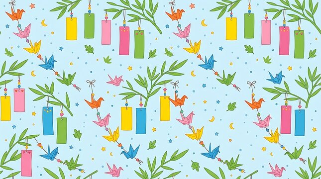 Seamless pattern of tanabata festival decorations on bamboo