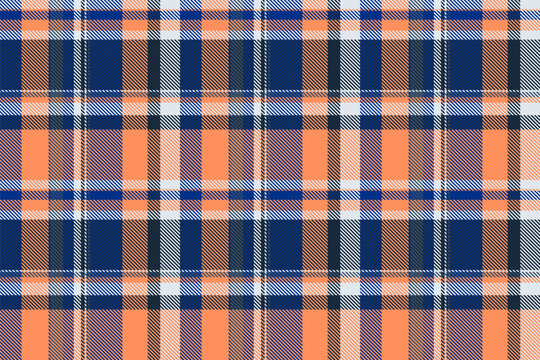 Traditional tartan plaid design with a classic woven appearance and blue and orange tones. The seamless pattern recreates the look of woven fabric and works well as a decorative surface background.