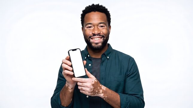 Young man with vitiligo showing blank smartphone screen on white background advertising space vitiligo smartphone technology portrait