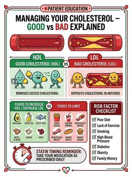 Educational health infographic explaining good and bad cholesterol