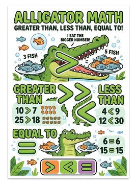 Alligator math poster teaching greater than less than and equal to