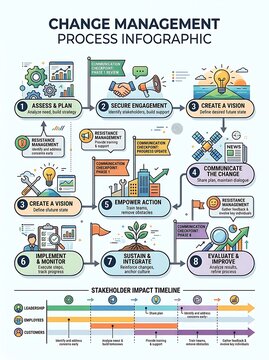 Change management process infographic with stakeholder timeline