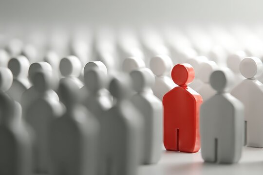 Red figure standing out in a crowd of gray and white figures symbolizing individuality leadership and uniqueness in teamwork and community settings