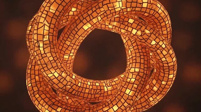 A glowing golden mosaic ring forms an intricate abstract knot against a dark background
