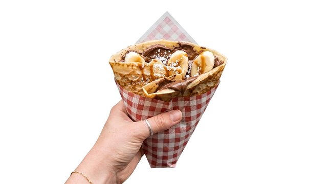 Hand holding a fresh crepe filled with banana slices and chocolate sauce chocolate breakfast delicious