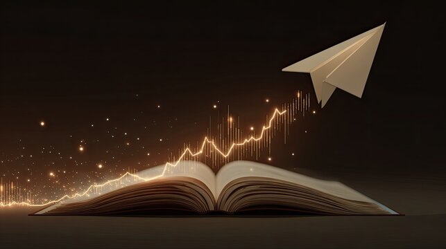 Open book, upward graph, paper airplane