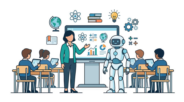 Teacher and AI robot co-teaching students in a digital classroom