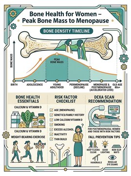 Bone health infographic for women showing density timeline and tips
