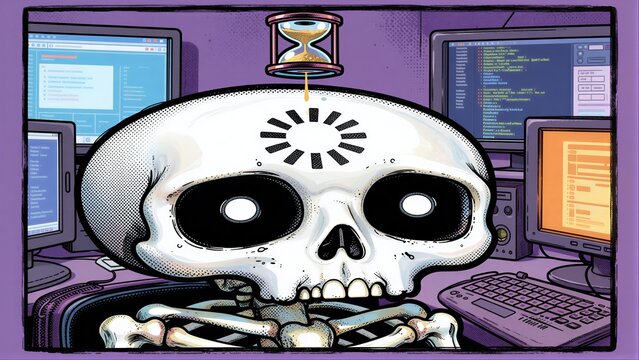 Skeleton programmer coding late night, surrounded by monitors and an hourglass.