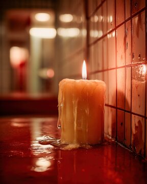 Burning Candle On Vanity In Sinister Red Motel Bathroom
