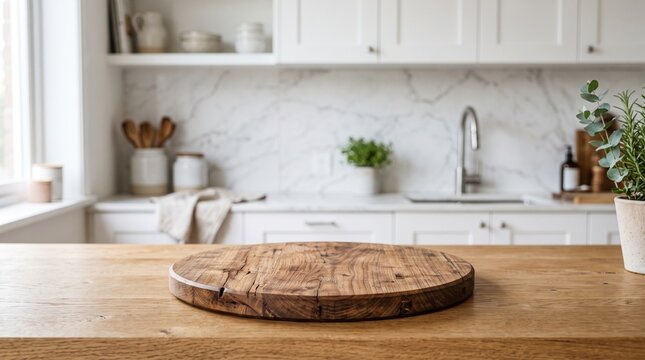 Rustic round wooden cutting board resting on kitchen island with blurry white cabinets and marble backsplash in bright daylight.