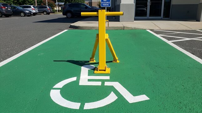 Yellow Metal Folding Parking Barrier Lock Installed on Green Painted Accessible Spaces with Ground Wheelchair Symbol parking barrier lock post bollard metal yellow safety security guard