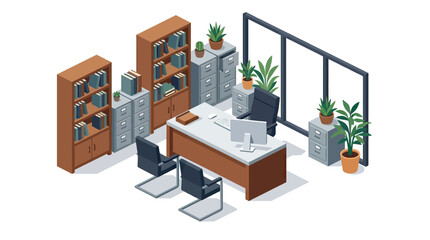 Isometric office interior with desk, chairs, bookshelves and plants © Elsuki