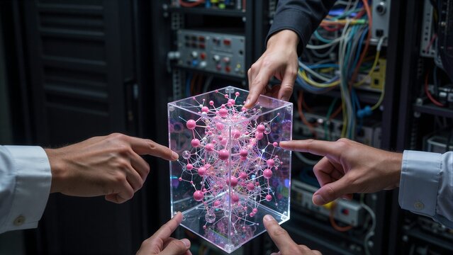 Hands point at glowing pink molecular structure inside a transparent cube in server room.