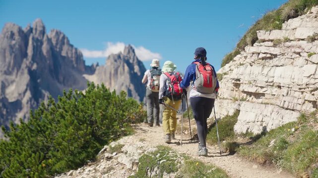 Three Generation Family Hiking in Tre Cime di Lavaredo, Dolomites, Italy