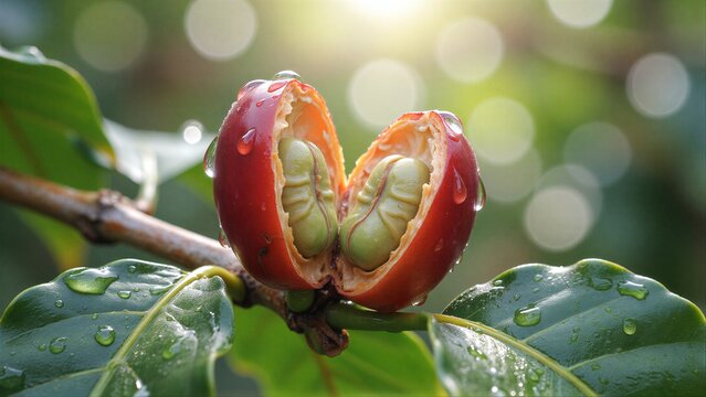Fresh coffee cherries split open, revealing green seeds glistening with dew.