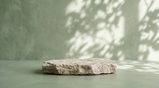Minimalist stone pedestal standing on soft light green surface with leaf shadow overlay for product display or cosmetic shoot.