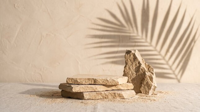 Stack of rough stone slabs on textured fabric surface with palm leaf shadow creating minimalist desert oasis aesthetic and neutral background.