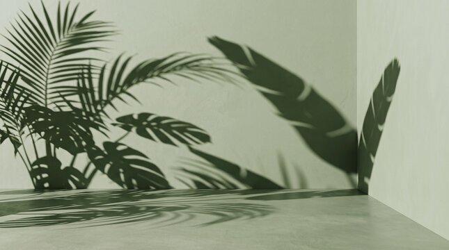Tropical leaves casting dramatic shadows on light green wall and floor, creating abstract natural patterns and a serene atmosphere.