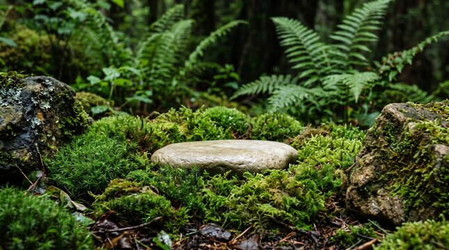 Natural stone on mossy forest floor surrounded by ferns and rocks for nature product display.